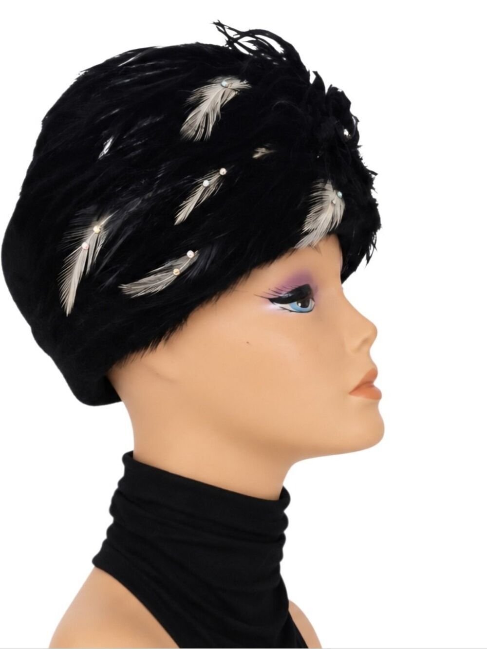 Mr. Hi's Black Felt Feather Hat Rhinestones 22 in NWT